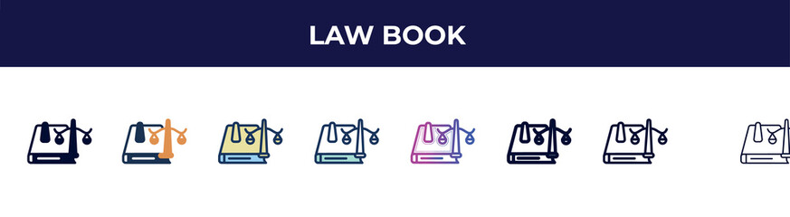 Poster - law book icon in 8 styles. line, filled, glyph, thin outline, colorful, stroke and gradient styles, law book vector sign. symbol, logo illustration. different style icons set.