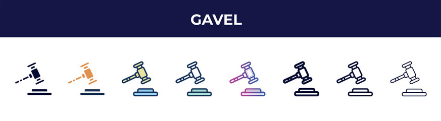 Poster - gavel icon in 8 styles. line, filled, glyph, thin outline, colorful, stroke and gradient styles, gavel vector sign. symbol, logo illustration. different style icons set.