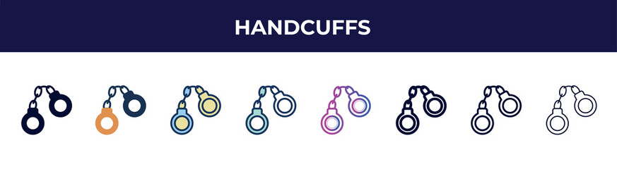 Poster - handcuffs icon in 8 styles. line, filled, glyph, thin outline, colorful, stroke and gradient styles, handcuffs vector sign. symbol, logo illustration. different style icons set.