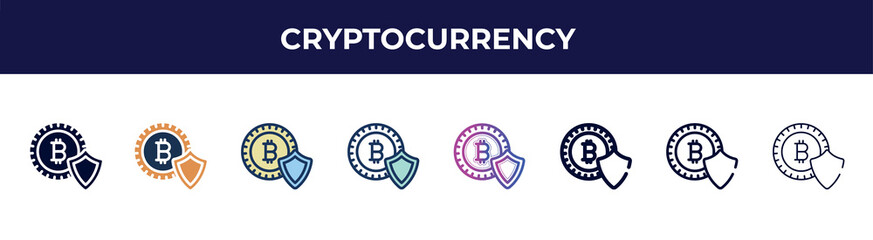 Poster - cryptocurrency icon in 8 styles. line, filled, glyph, thin outline, colorful, stroke and gradient styles, cryptocurrency vector sign. symbol, logo illustration. different style icons set.