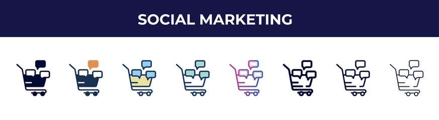 Poster - social marketing icon in 8 styles. line, filled, glyph, thin outline, colorful, stroke and gradient styles, social marketing vector sign. symbol, logo illustration. different style icons set.