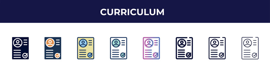Poster - curriculum icon in 8 styles. line, filled, glyph, thin outline, colorful, stroke and gradient styles, curriculum vector sign. symbol, logo illustration. different style icons set.