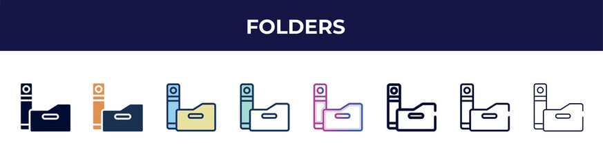 Poster - folders icon in 8 styles. line, filled, glyph, thin outline, colorful, stroke and gradient styles, folders vector sign. symbol, logo illustration. different style icons set.