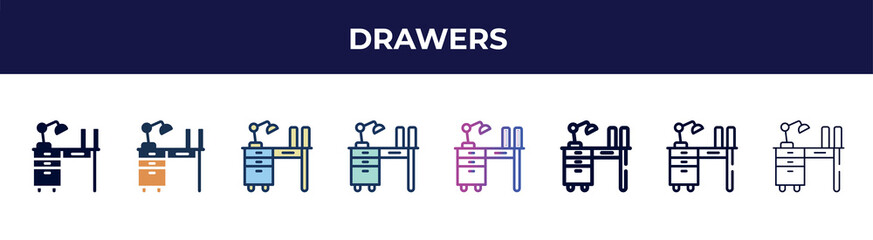 Poster - drawers icon in 8 styles. line, filled, glyph, thin outline, colorful, stroke and gradient styles, drawers vector sign. symbol, logo illustration. different style icons set.