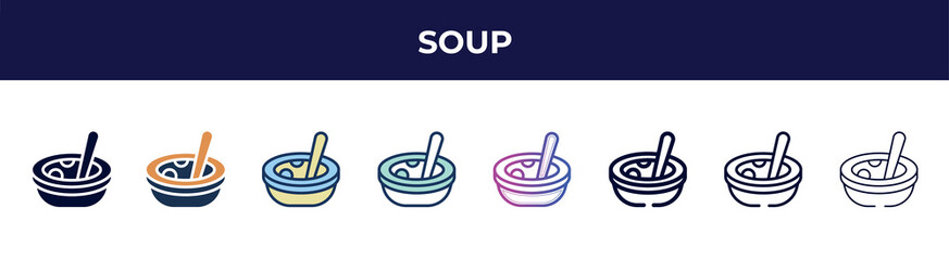 Poster - soup icon in 8 styles. line, filled, glyph, thin outline, colorful, stroke and gradient styles, soup vector sign. symbol, logo illustration. different style icons set.