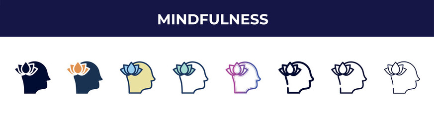 Poster - mindfulness icon in 8 styles. line, filled, glyph, thin outline, colorful, stroke and gradient styles, mindfulness vector sign. symbol, logo illustration. different style icons set.
