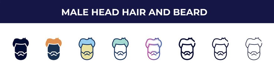 Poster - male head hair and beard icon in 8 styles. line, filled, glyph, thin outline, colorful, stroke and gradient styles, male head hair and beard vector sign. symbol, logo illustration. different style