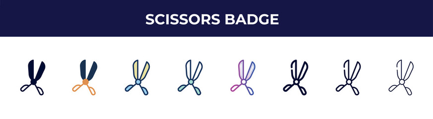 scissors badge icon in 8 styles. line, filled, glyph, thin outline, colorful, stroke and gradient styles, scissors badge vector sign. symbol, logo illustration. different style icons set.