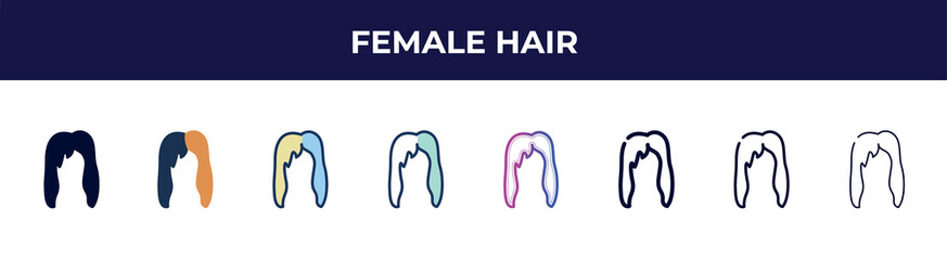 Poster - female hair icon in 8 styles. line, filled, glyph, thin outline, colorful, stroke and gradient styles, female hair vector sign. symbol, logo illustration. different style icons set.