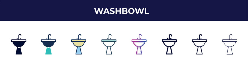 Poster - washbowl icon in 8 styles. line, filled, glyph, thin outline, colorful, stroke and gradient styles, washbowl vector sign. symbol, logo illustration. different style icons set.