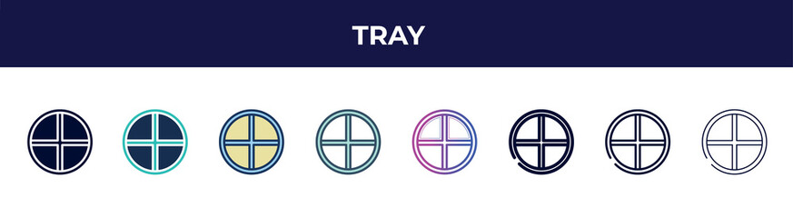 Poster - tray icon in 8 styles. line, filled, glyph, thin outline, colorful, stroke and gradient styles, tray vector sign. symbol, logo illustration. different style icons set.