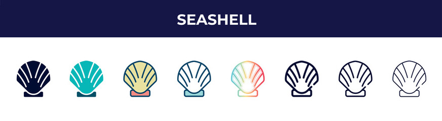 Poster - seashell icon in 8 styles. line, filled, glyph, thin outline, colorful, stroke and gradient styles, seashell vector sign. symbol, logo illustration. different style icons set.