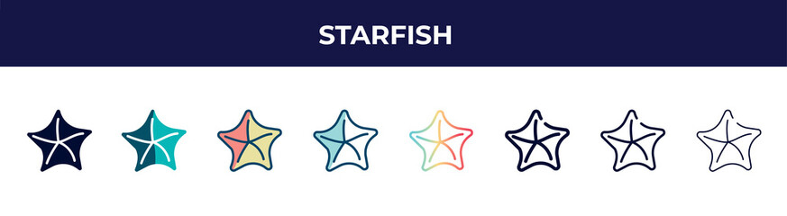 Poster - starfish icon in 8 styles. line, filled, glyph, thin outline, colorful, stroke and gradient styles, starfish vector sign. symbol, logo illustration. different style icons set.