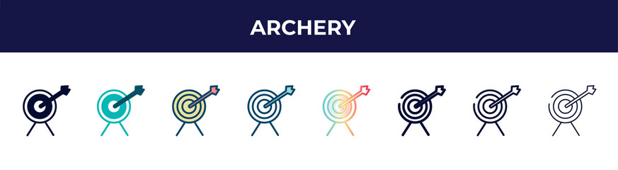 Poster - archery icon in 8 styles. line, filled, glyph, thin outline, colorful, stroke and gradient styles, archery vector sign. symbol, logo illustration. different style icons set.