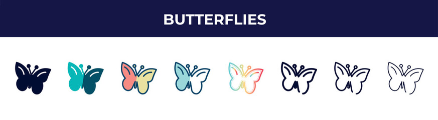 Poster - butterflies icon in 8 styles. line, filled, glyph, thin outline, colorful, stroke and gradient styles, butterflies vector sign. symbol, logo illustration. different style icons set.