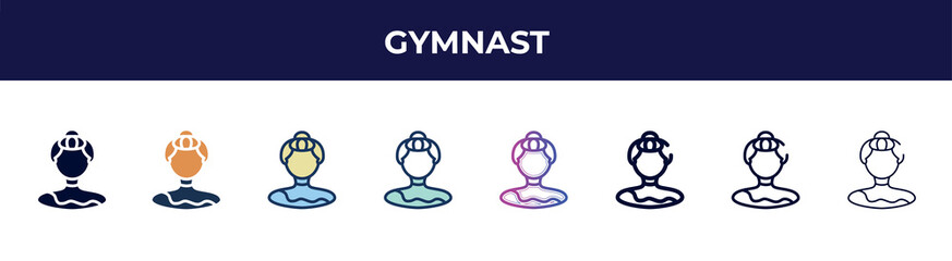 Poster - gymnast icon in 8 styles. line, filled, glyph, thin outline, colorful, stroke and gradient styles, gymnast vector sign. symbol, logo illustration. different style icons set.