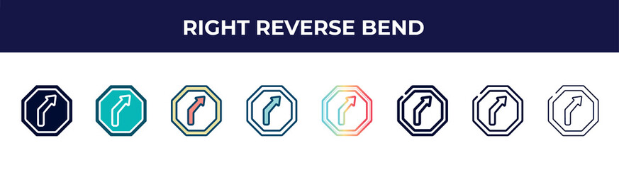 Poster - right reverse bend icon in 8 styles. line, filled, glyph, thin outline, colorful, stroke and gradient styles, right reverse bend vector sign. symbol, logo illustration. different style icons set.