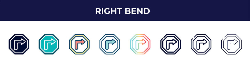 Poster - right bend icon in 8 styles. line, filled, glyph, thin outline, colorful, stroke and gradient styles, right bend vector sign. symbol, logo illustration. different style icons set.