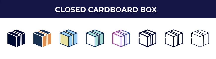 Poster - closed cardboard box icon in 8 styles. line, filled, glyph, thin outline, colorful, stroke and gradient styles, closed cardboard box vector sign. symbol, logo illustration. different style icons