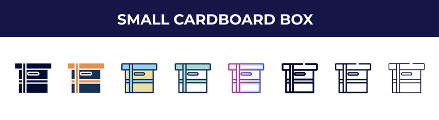 Poster - small cardboard box icon in 8 styles. line, filled, glyph, thin outline, colorful, stroke and gradient styles, small cardboard box vector sign. symbol, logo illustration. different style icons set.