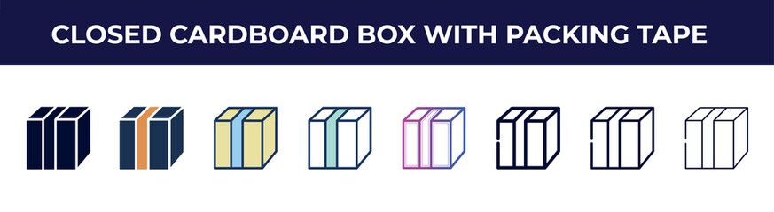 Poster - closed cardboard box with packing tape icon in 8 styles. line, filled, glyph, thin outline, colorful, stroke and gradient styles, closed cardboard box with packing tape vector sign. symbol, logo