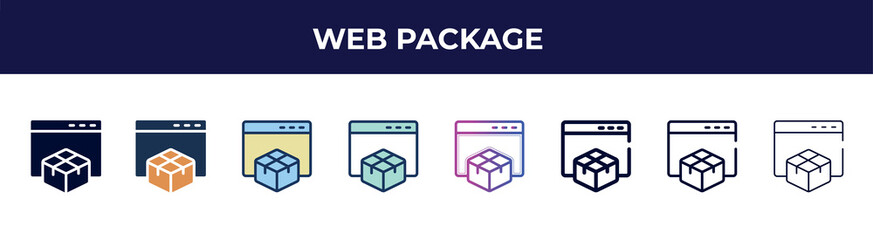 Poster - web package icon in 8 styles. line, filled, glyph, thin outline, colorful, stroke and gradient styles, web package vector sign. symbol, logo illustration. different style icons set.
