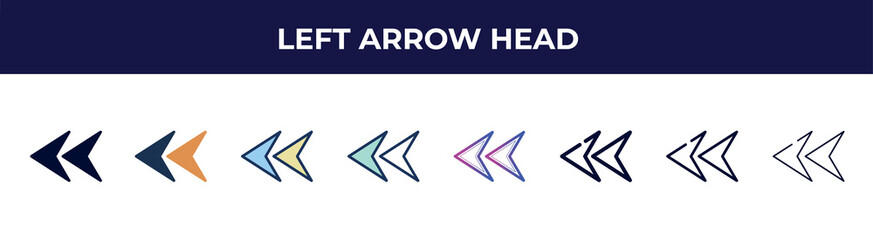 Poster - left arrow head icon in 8 styles. line, filled, glyph, thin outline, colorful, stroke and gradient styles, left arrow head vector sign. symbol, logo illustration. different style icons set.