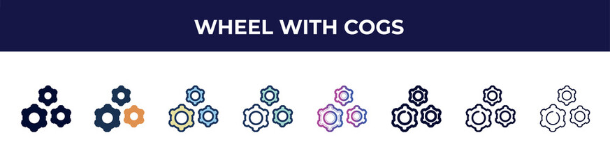 Poster - wheel with cogs icon in 8 styles. line, filled, glyph, thin outline, colorful, stroke and gradient styles, wheel with cogs vector sign. symbol, logo illustration. different style icons set.