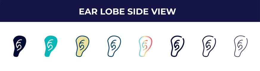Poster - ear lobe side view icon in 8 styles. line, filled, glyph, thin outline, colorful, stroke and gradient styles, ear lobe side view vector sign. symbol, logo illustration. different style icons set.