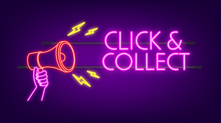 Aufkleber - Megaphone click and collect neon banner. Flat style. Website vector icon. Vector stock illustration