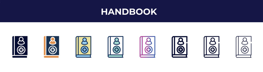 Poster - handbook icon in 8 styles. line, filled, glyph, thin outline, colorful, stroke and gradient styles, handbook vector sign. symbol, logo illustration. different style icons set.