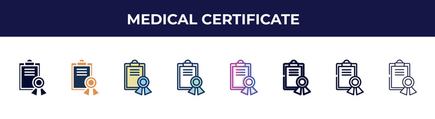 Poster - medical certificate icon in 8 styles. line, filled, glyph, thin outline, colorful, stroke and gradient styles, medical certificate vector sign. symbol, logo illustration. different style icons set.