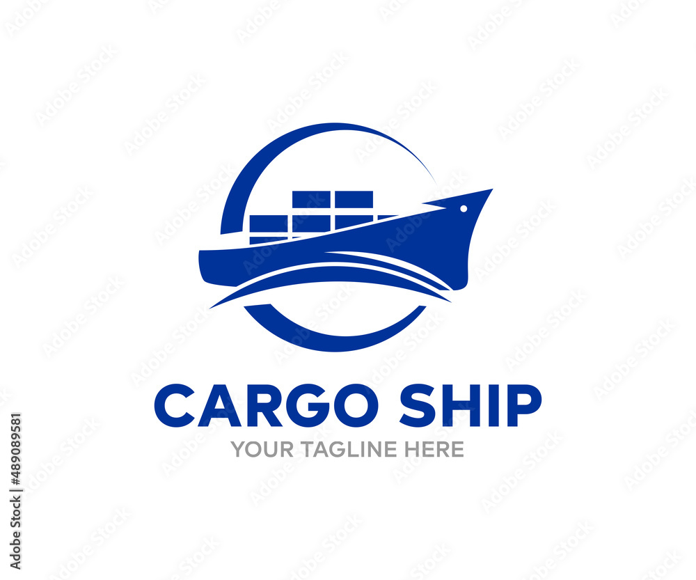 Cargo ship in the ocean, freight Transportation, shipping logo design ...