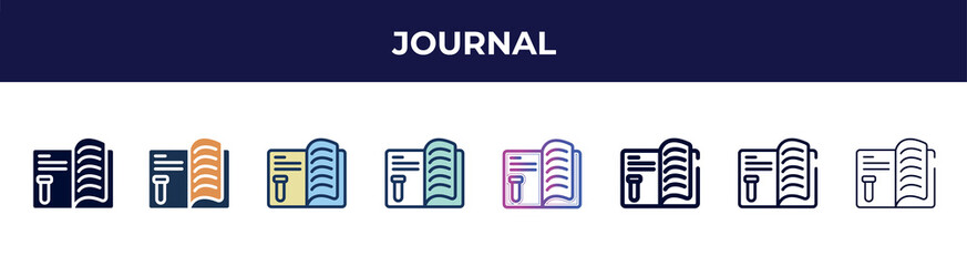 Poster - journal icon in 8 styles. line, filled, glyph, thin outline, colorful, stroke and gradient styles, journal vector sign. symbol, logo illustration. different style icons set.