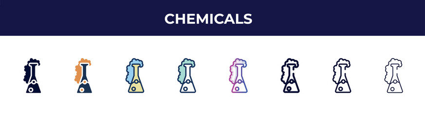 Poster - chemicals icon in 8 styles. line, filled, glyph, thin outline, colorful, stroke and gradient styles, chemicals vector sign. symbol, logo illustration. different style icons set.