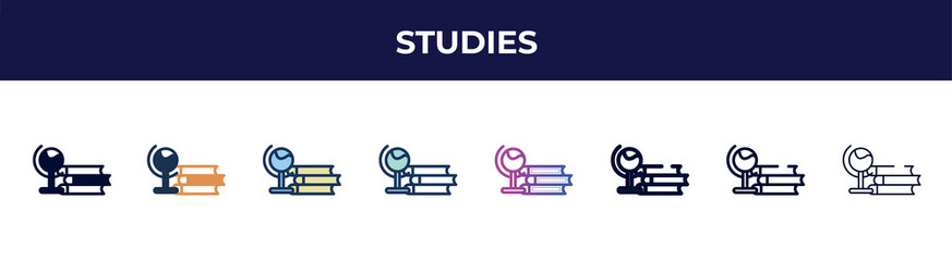 Poster - studies icon in 8 styles. line, filled, glyph, thin outline, colorful, stroke and gradient styles, studies vector sign. symbol, logo illustration. different style icons set.