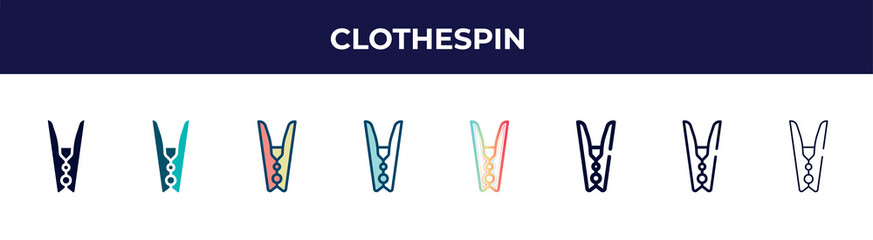 Poster - clothespin icon in 8 styles. line, filled, glyph, thin outline, colorful, stroke and gradient styles, clothespin vector sign. symbol, logo illustration. different style icons set.