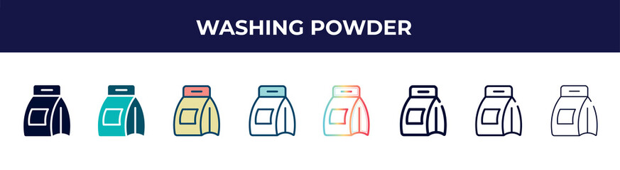 Poster - washing powder icon in 8 styles. line, filled, glyph, thin outline, colorful, stroke and gradient styles, washing powder vector sign. symbol, logo illustration. different style icons set.
