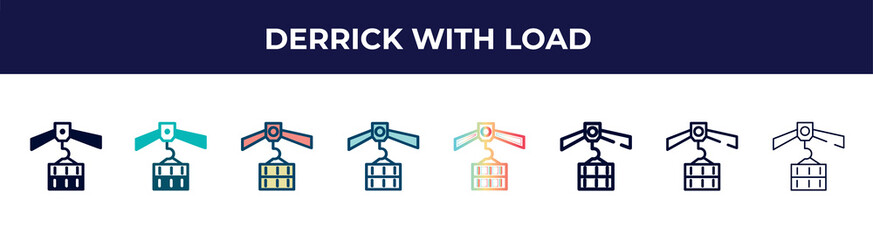 Poster - derrick with load icon in 8 styles. line, filled, glyph, thin outline, colorful, stroke and gradient styles, derrick with load vector sign. symbol, logo illustration. different style icons set.