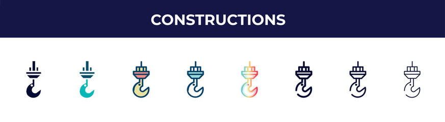 Aufkleber - constructions icon in 8 styles. line, filled, glyph, thin outline, colorful, stroke and gradient styles, constructions vector sign. symbol, logo illustration. different style icons set.