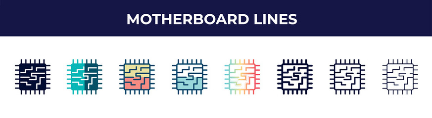 Poster - motherboard lines icon in 8 styles. line, filled, glyph, thin outline, colorful, stroke and gradient styles, motherboard lines vector sign. symbol, logo illustration. different style icons set.