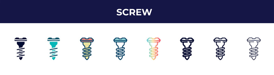 Poster - screw icon in 8 styles. line, filled, glyph, thin outline, colorful, stroke and gradient styles, screw vector sign. symbol, logo illustration. different style icons set.