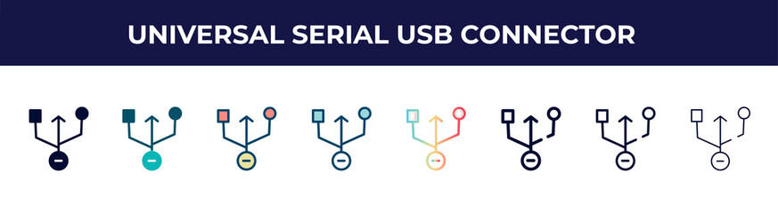 Poster - universal serial usb connector icon in 8 styles. line, filled, glyph, thin outline, colorful, stroke and gradient styles, universal serial usb connector vector sign. symbol, logo illustration.