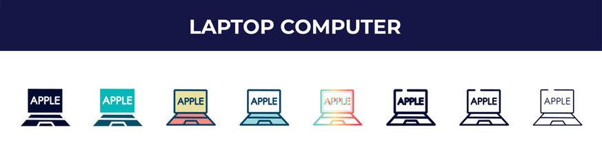 Poster - laptop computer icon in 8 styles. line, filled, glyph, thin outline, colorful, stroke and gradient styles, laptop computer vector sign. symbol, logo illustration. different style icons set.
