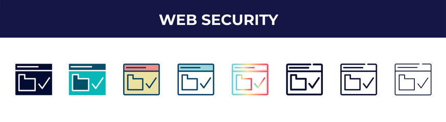 Poster - web security icon in 8 styles. line, filled, glyph, thin outline, colorful, stroke and gradient styles, web security vector sign. symbol, logo illustration. different style icons set.