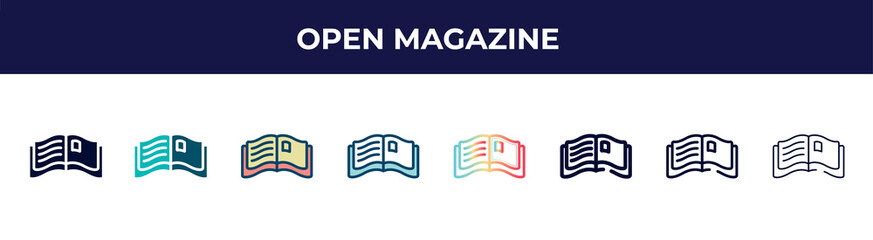 Poster - open magazine icon in 8 styles. line, filled, glyph, thin outline, colorful, stroke and gradient styles, open magazine vector sign. symbol, logo illustration. different style icons set.