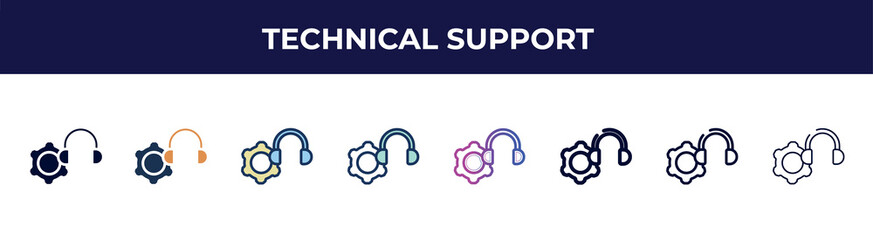 Poster - technical support icon in 8 styles. line, filled, glyph, thin outline, colorful, stroke and gradient styles, technical support vector sign. symbol, logo illustration. different style icons set.