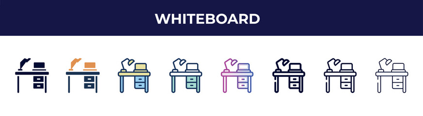 Poster - whiteboard icon in 8 styles. line, filled, glyph, thin outline, colorful, stroke and gradient styles, whiteboard vector sign. symbol, logo illustration. different style icons set.