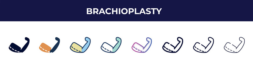 Poster - brachioplasty icon in 8 styles. line, filled, glyph, thin outline, colorful, stroke and gradient styles, brachioplasty vector sign. symbol, logo illustration. different style icons set.