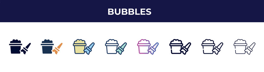 Poster - bubbles icon in 8 styles. line, filled, glyph, thin outline, colorful, stroke and gradient styles, bubbles vector sign. symbol, logo illustration. different style icons set.